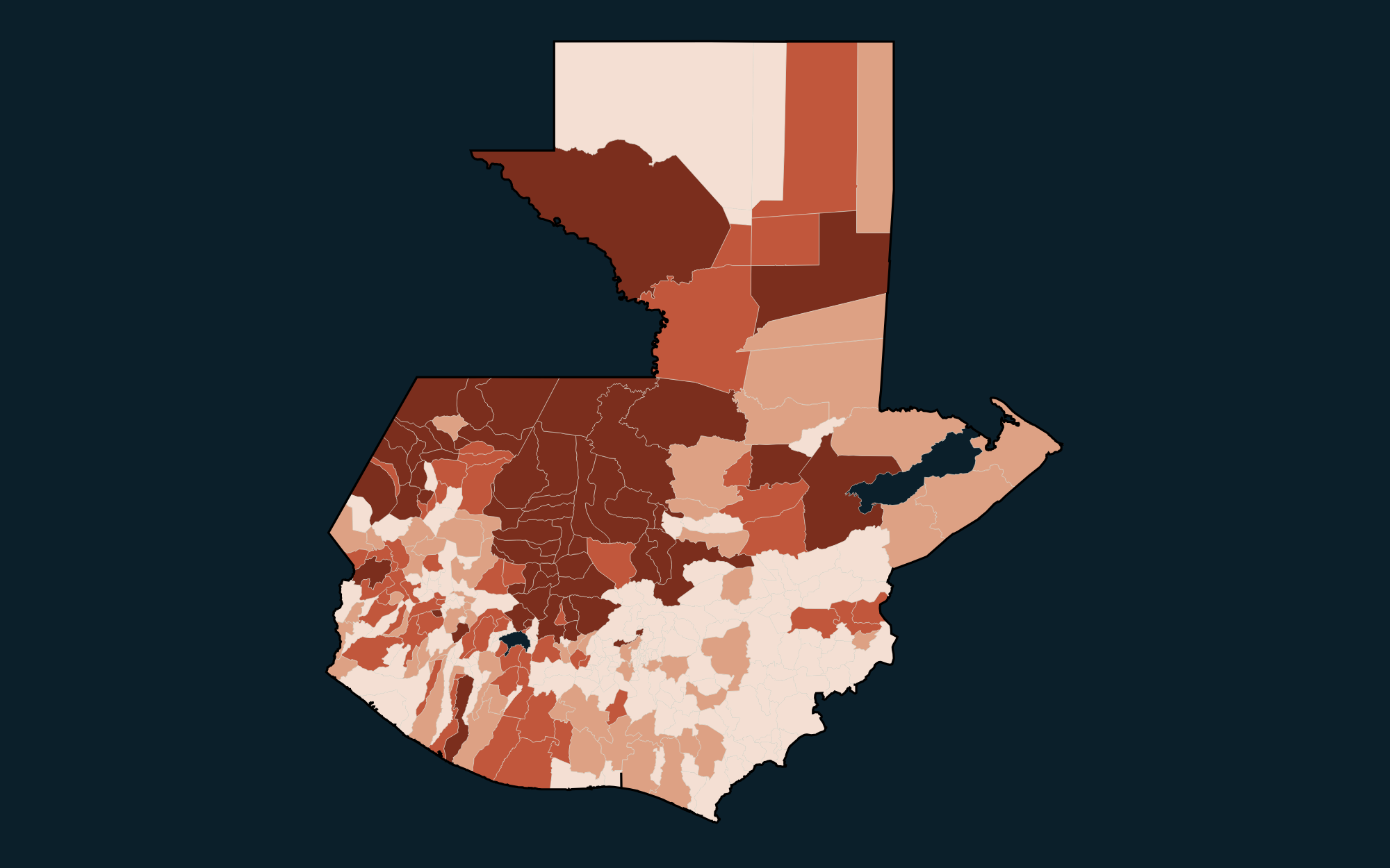 Map of Guatemala's municipios shaded by conflict-death rate recorded by the CEH truth commission, darkest across the northwestern highlands and the Ixil region.
